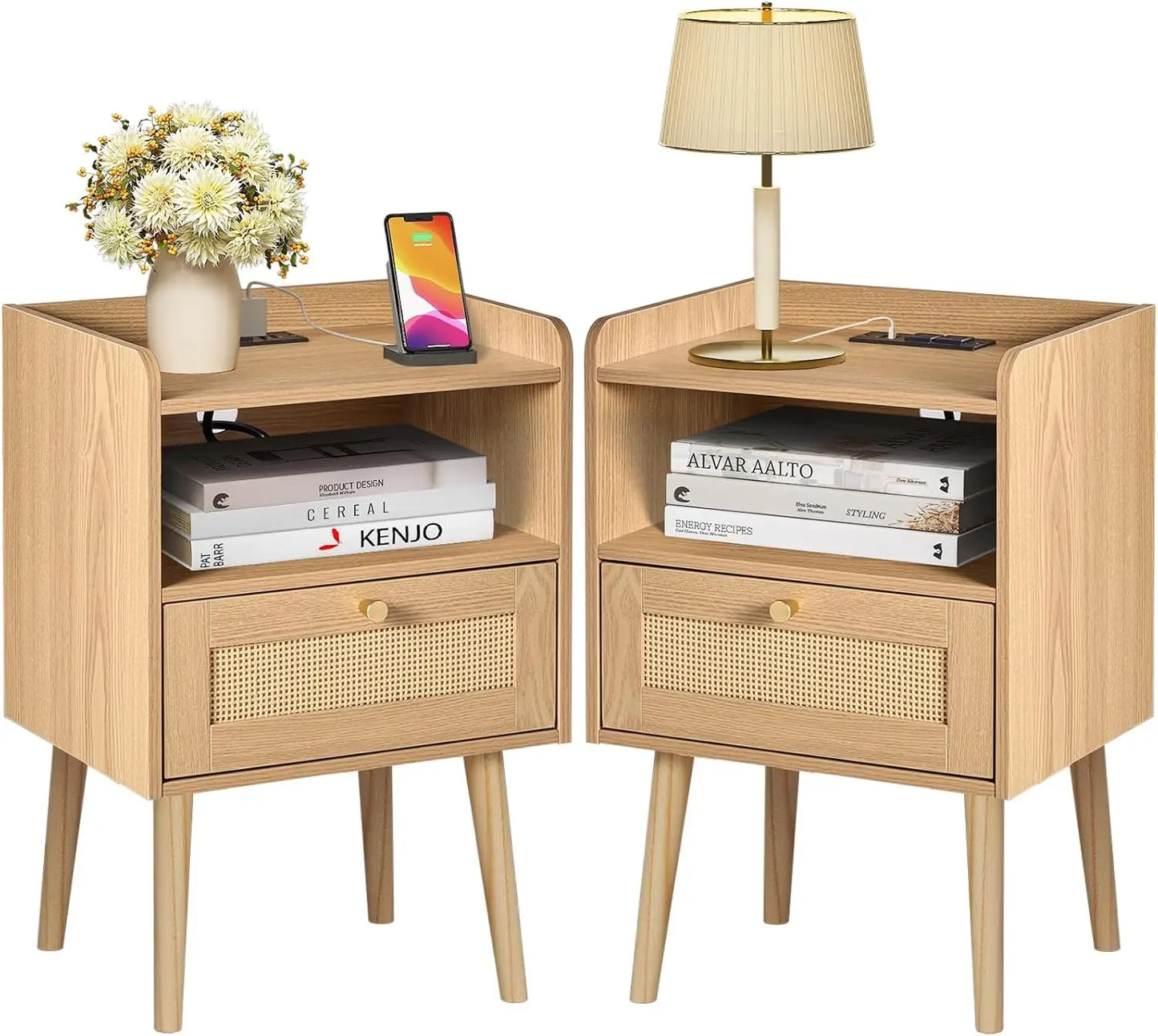 Mid Century Modern Bed Side Table with Charging Station