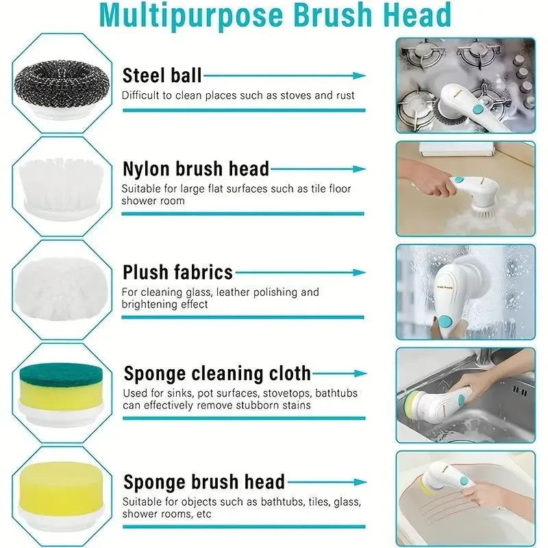 A Cordless Handheld Cleaning Brush with 5 Interchangeable Brush Heads, a Portable Rotating Scrubber, Suitable for Use in Bathroo