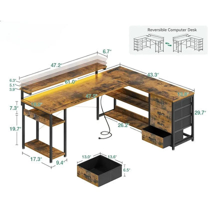 Corner Computer Desk with Power Socket and LED Lights