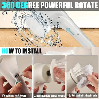 A Cordless Handheld Cleaning Brush with 5 Interchangeable Brush Heads, a Portable Rotating Scrubber, Suitable for Use in Bathroo