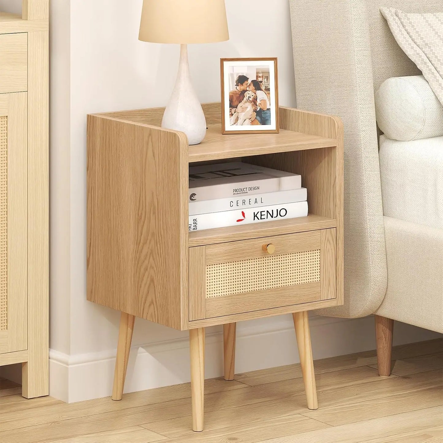 Mid Century Modern Bed Side Table with Charging Station