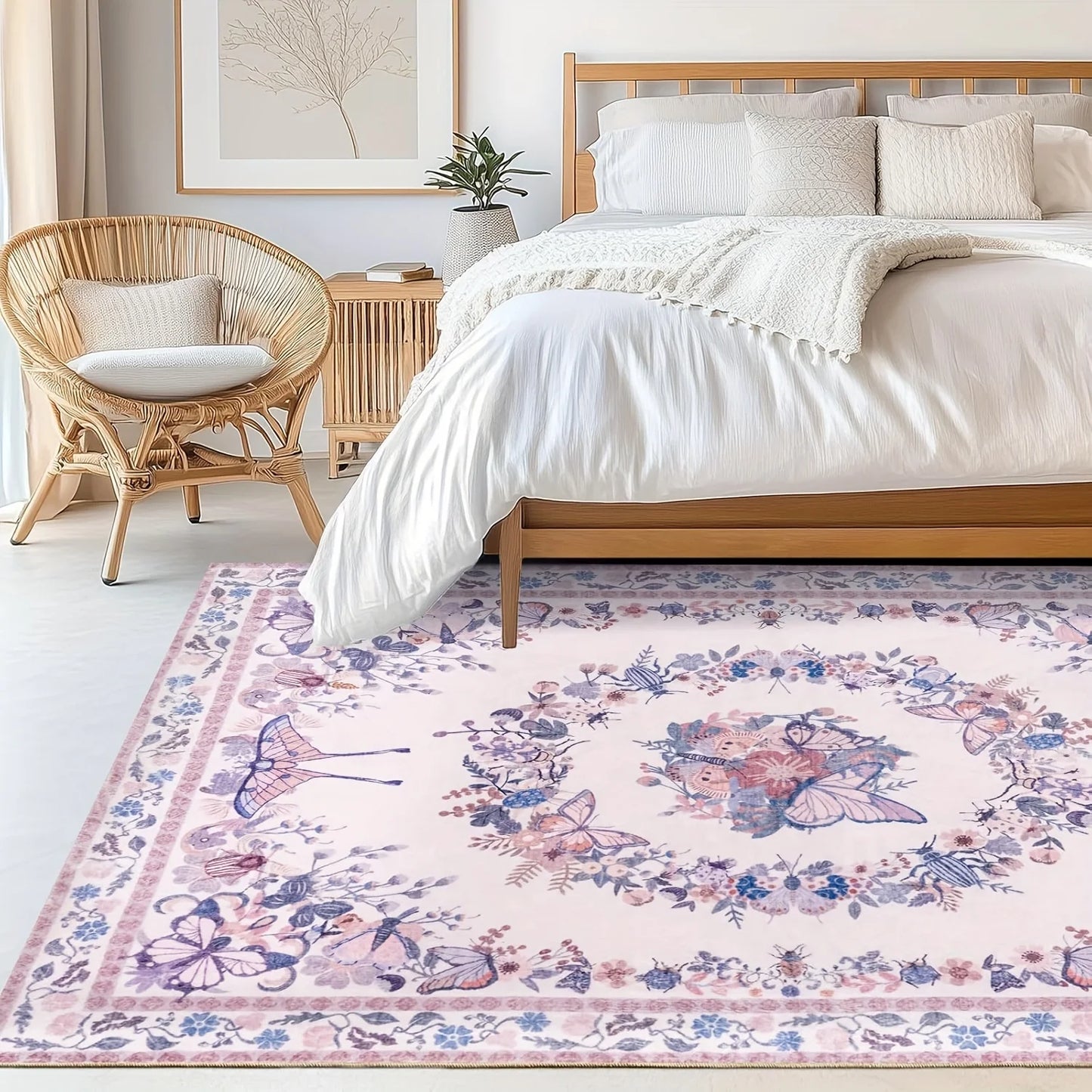 Gnizama Pink Butterfly Living Room Large Area Rug, Washable Vintage Floral Living Room Rug, Bedroom Large Area Rug