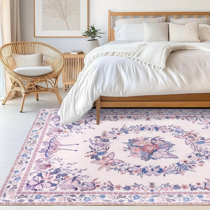 Gnizama Pink Butterfly Living Room Large Area Rug, Washable Vintage Floral Living Room Rug, Bedroom Large Area Rug