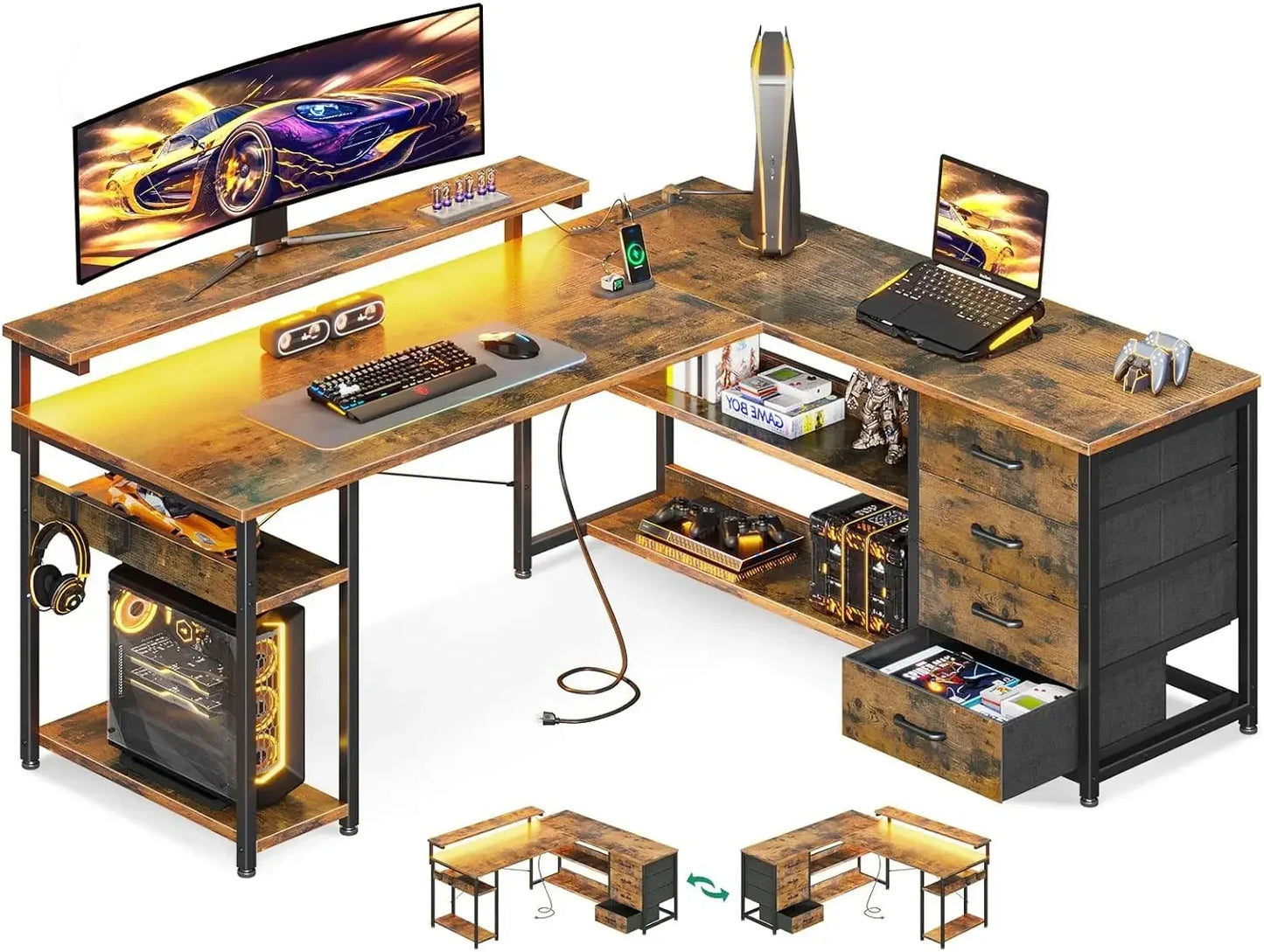 Corner Computer Desk with Power Socket and LED Lights