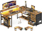 Corner Computer Desk with Power Socket and LED Lights