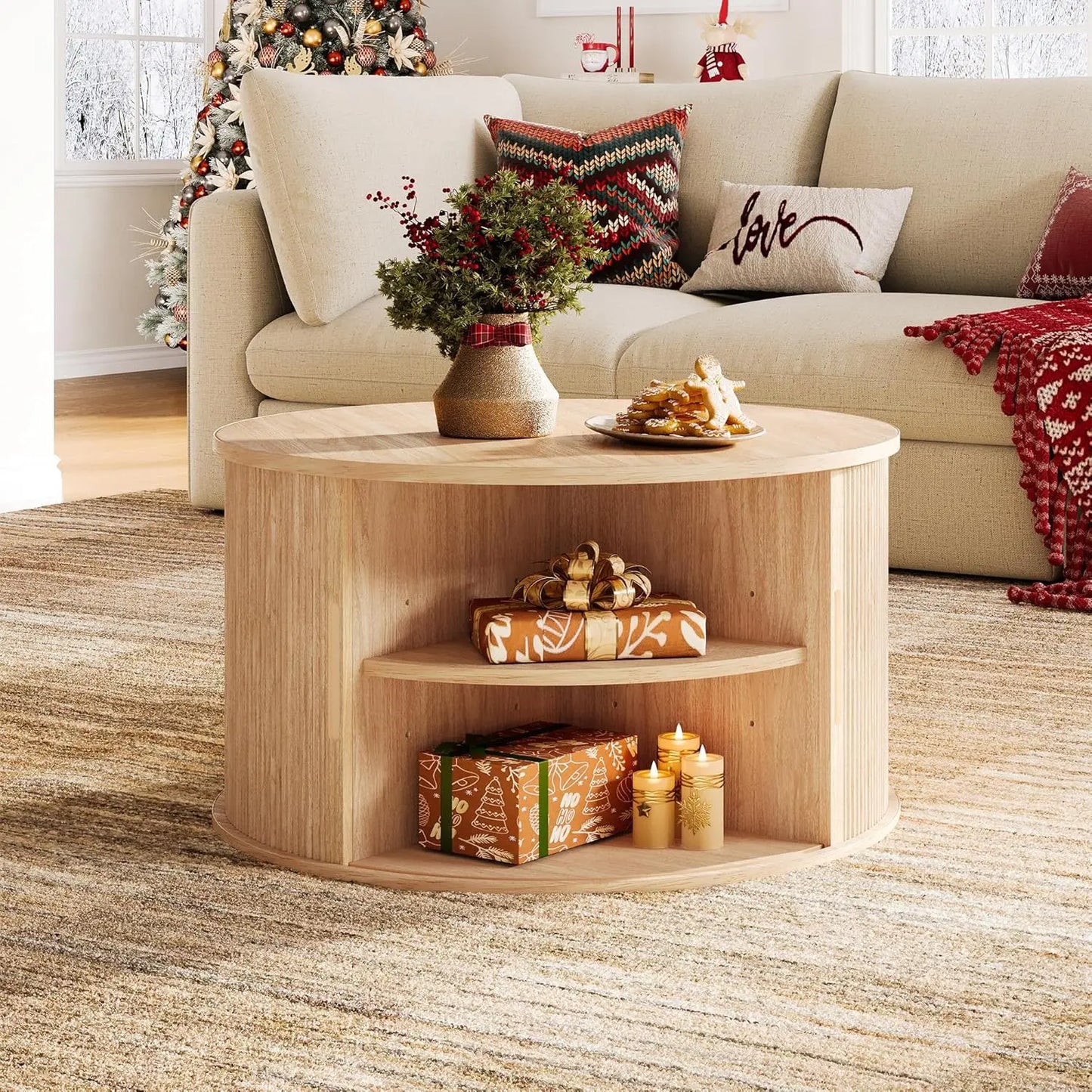 Drum Coffee Table with Sliding Tambour Door