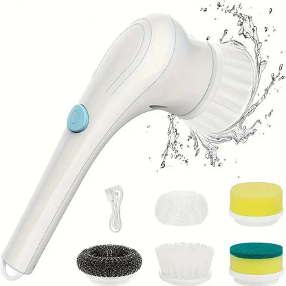 A Cordless Handheld Cleaning Brush with 5 Interchangeable Brush Heads, a Portable Rotating Scrubber, Suitable for Use in Bathroo