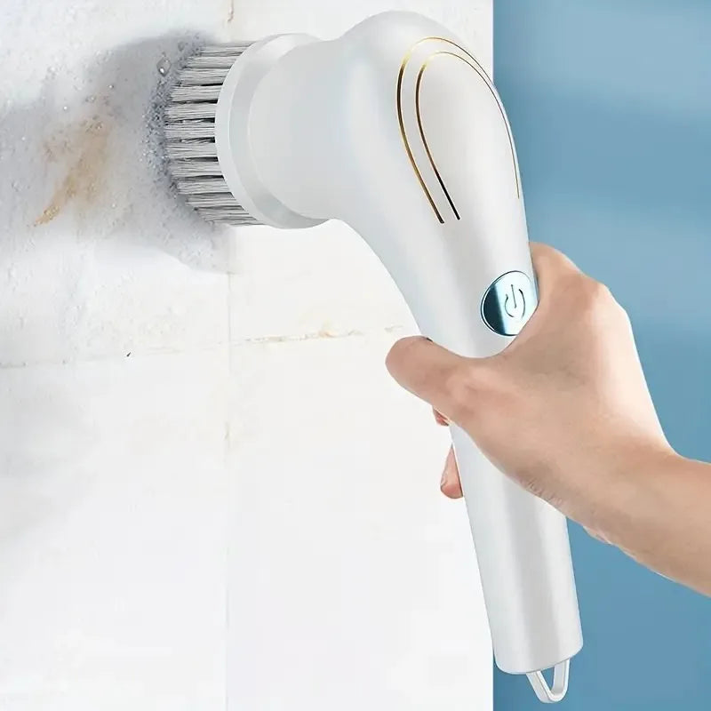 A Cordless Handheld Cleaning Brush with 5 Interchangeable Brush Heads, a Portable Rotating Scrubber, Suitable for Use in Bathroo