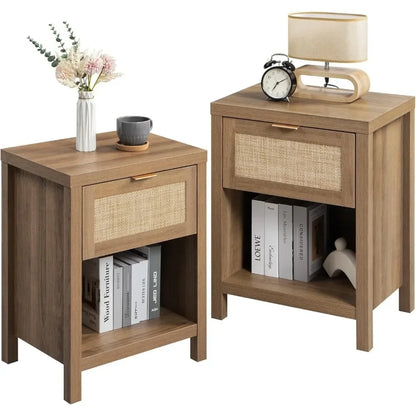 Set of 2 Farmhouse Night Stand with Drawer and Storage Shelf