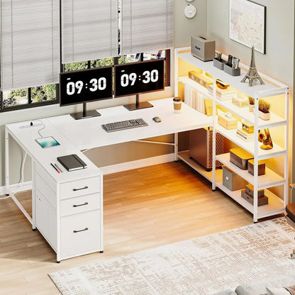 Reversible U-shaped Computer Desk with Power Socket and Storage Shelf