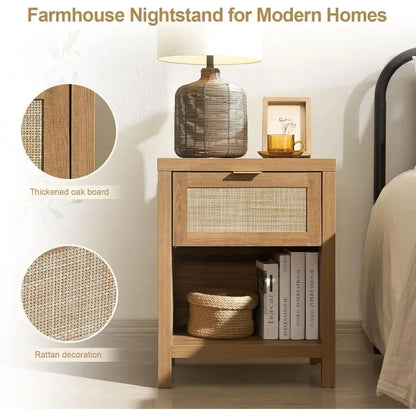 Set of 2 Farmhouse Night Stand with Drawer and Storage Shelf