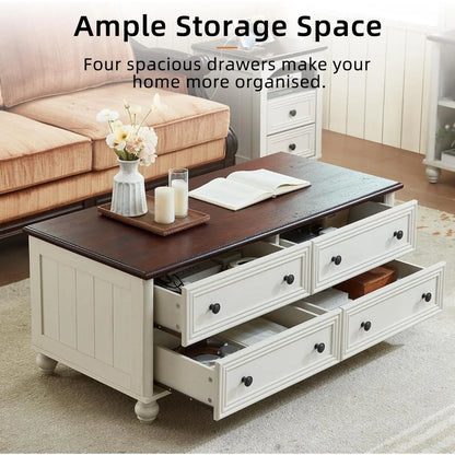 Wooden Coffee Tables With 4 Drawers & Roman Column Handle