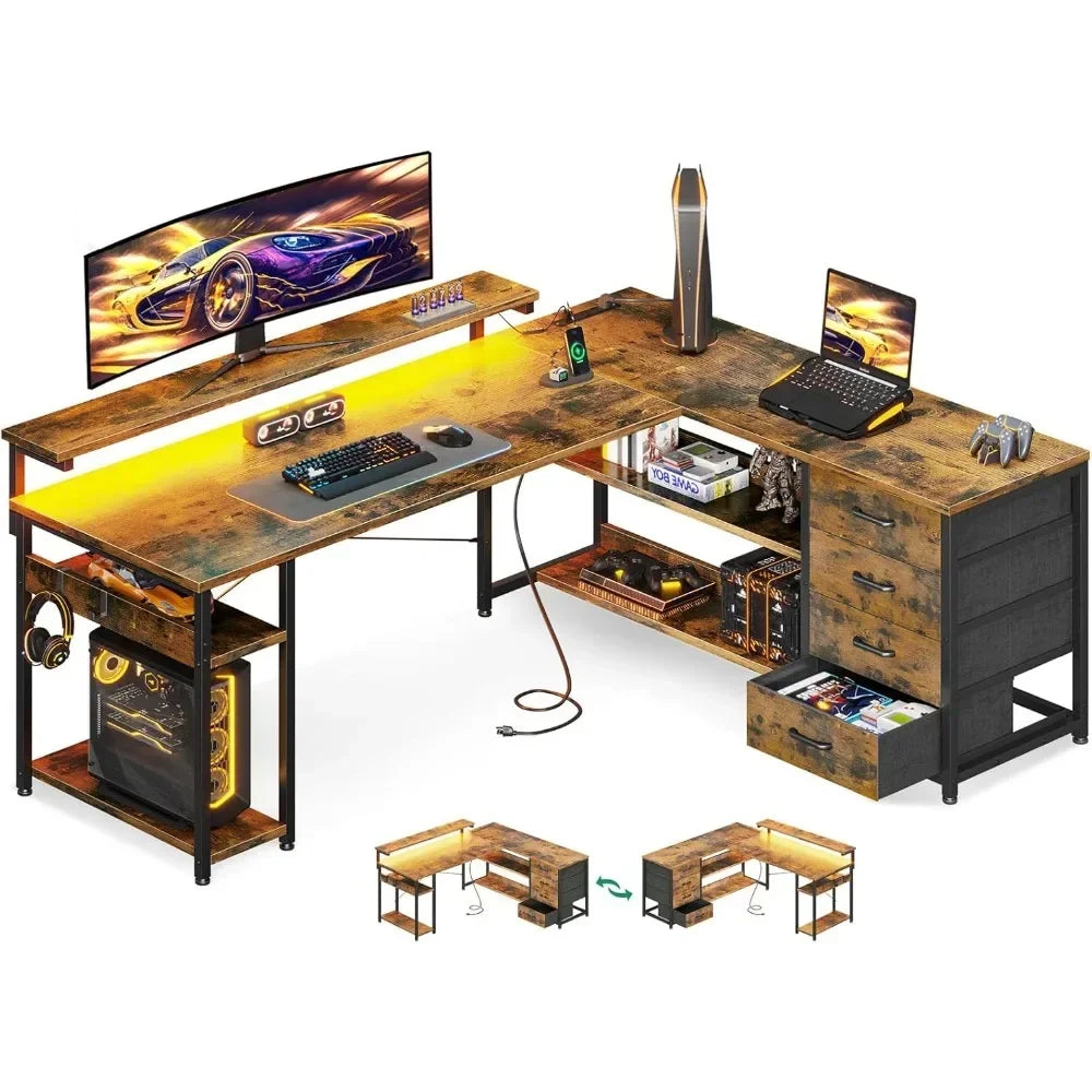Corner Computer Desk with Power Socket and LED Lights
