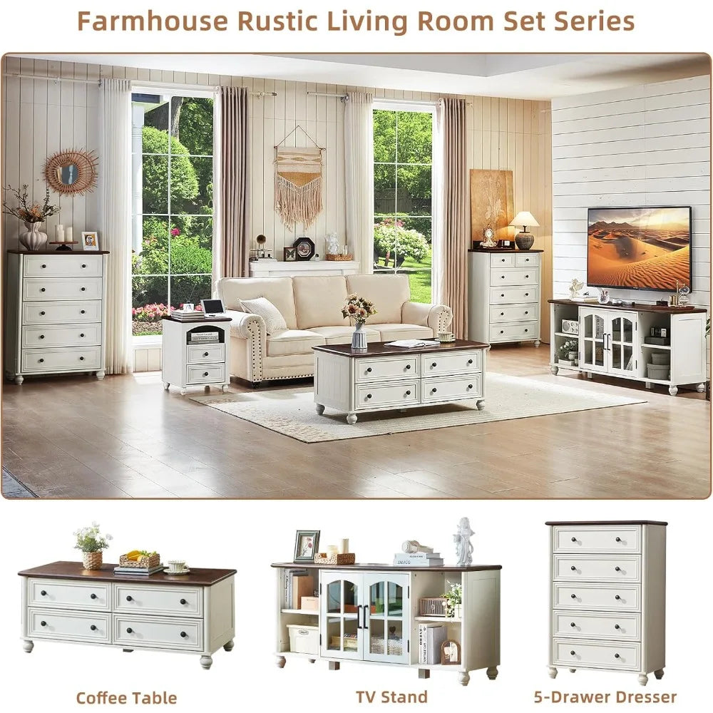 Wooden Coffee Tables With 4 Drawers & Roman Column Handle