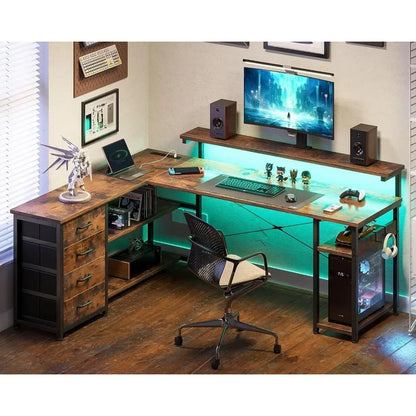 Corner Computer Desk with Power Socket and LED Lights