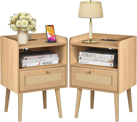 Mid Century Modern Bed Side Table with Charging Station