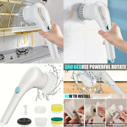 A Cordless Handheld Cleaning Brush with 5 Interchangeable Brush Heads, a Portable Rotating Scrubber, Suitable for Use in Bathroo