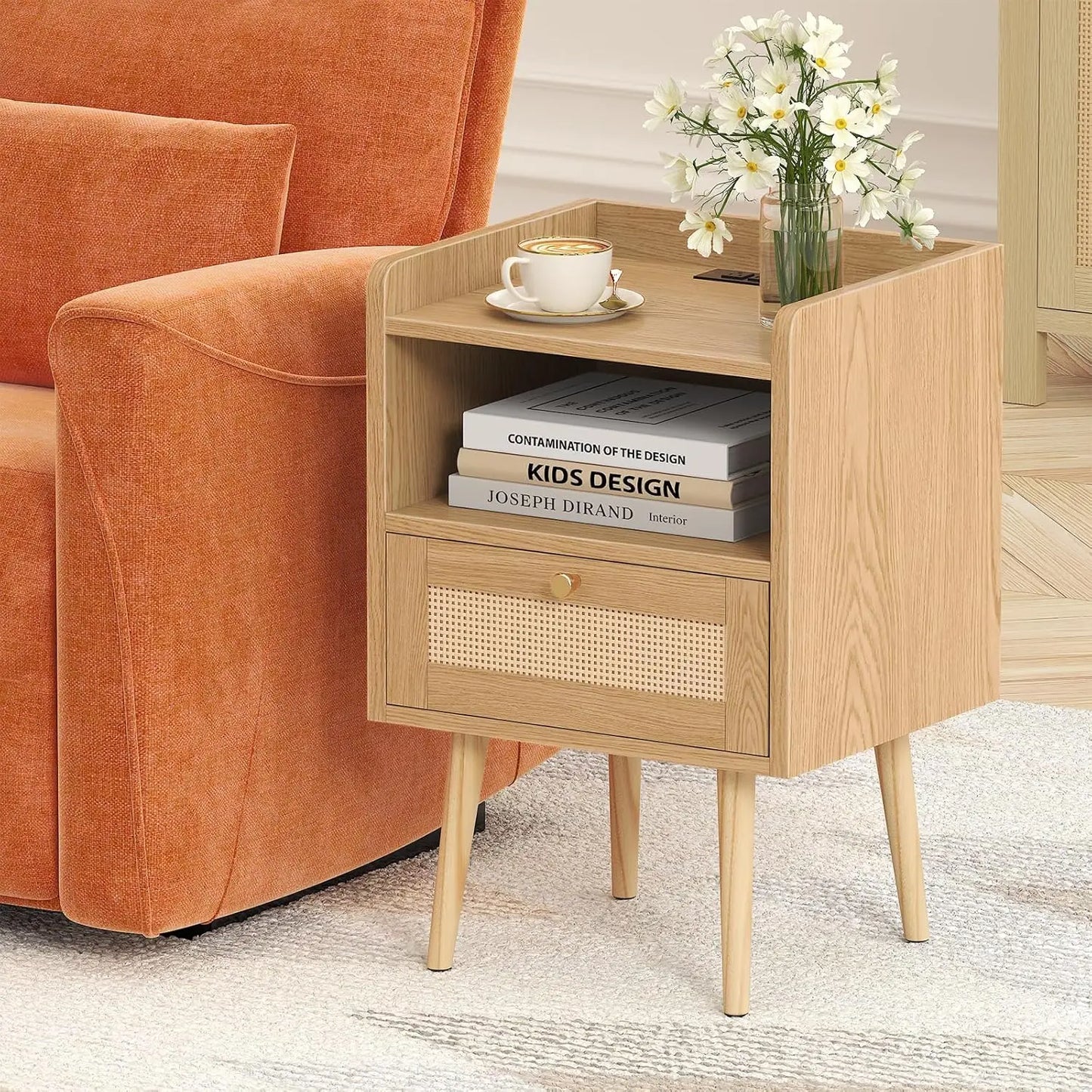 Mid Century Modern Bed Side Table with Charging Station