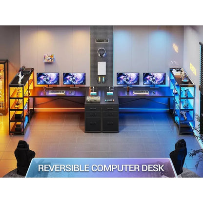 Reversible U-shaped Computer Desk with Power Socket and Storage Shelf
