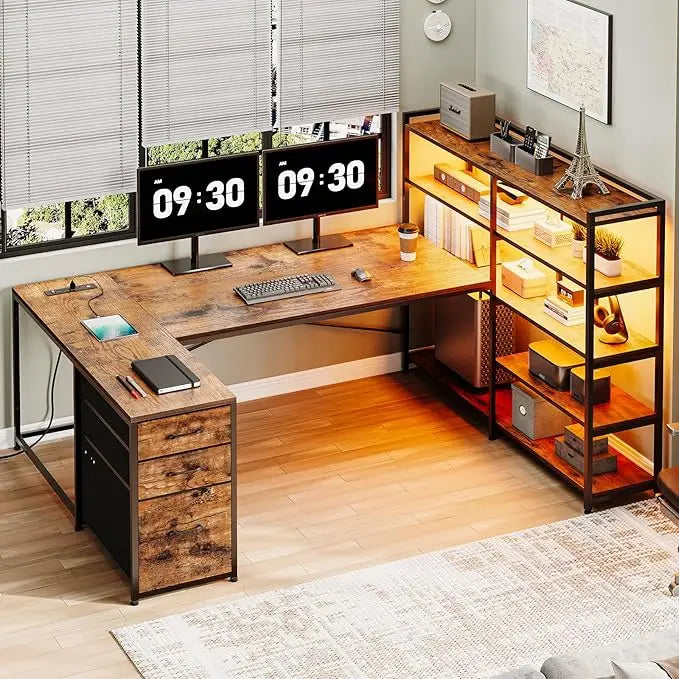 Reversible U-shaped Computer Desk with Power Socket and Storage Shelf