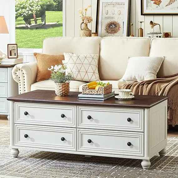 Wooden Coffee Tables With 4 Drawers & Roman Column Handle