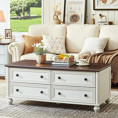 Wooden Coffee Tables With 4 Drawers & Roman Column Handle