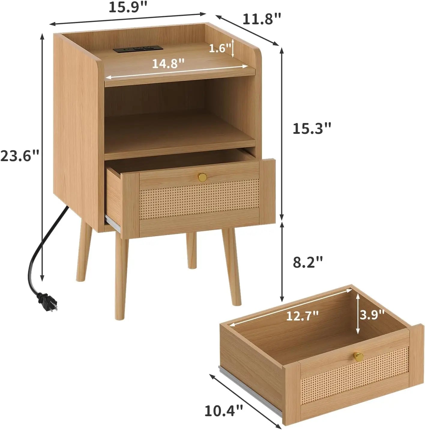 Mid Century Modern Bed Side Table with Charging Station