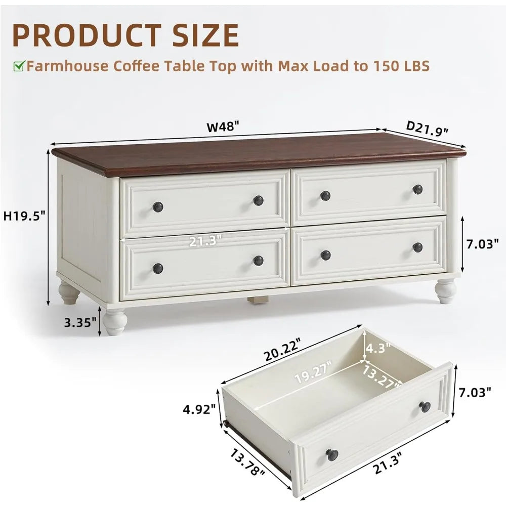 Wooden Coffee Tables With 4 Drawers & Roman Column Handle
