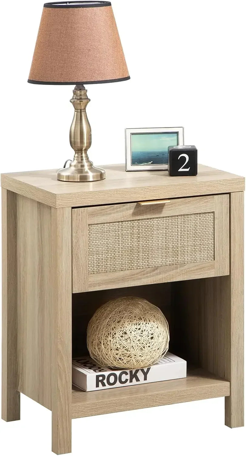Set of 2 Farmhouse Night Stand with Drawer and Storage Shelf
