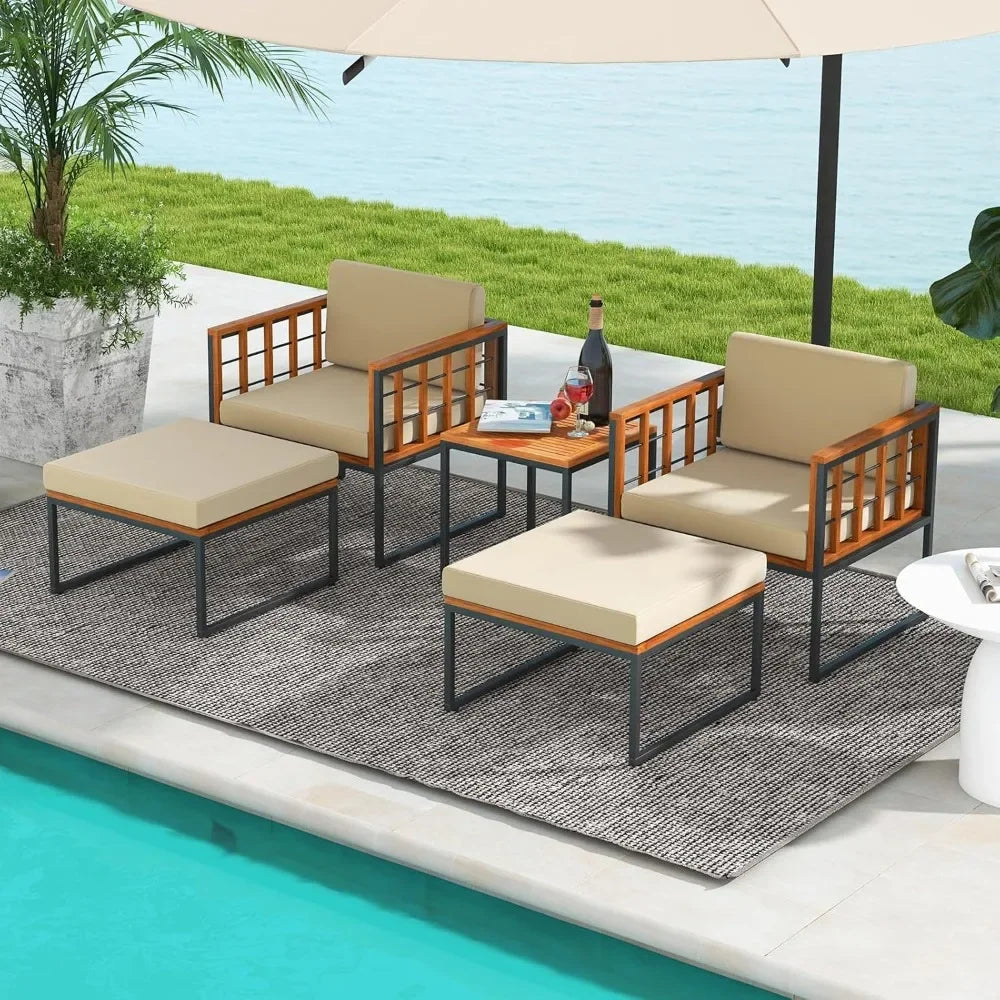 5 Pieces Acacia Wood Patio Furniture Set with Ottomans
