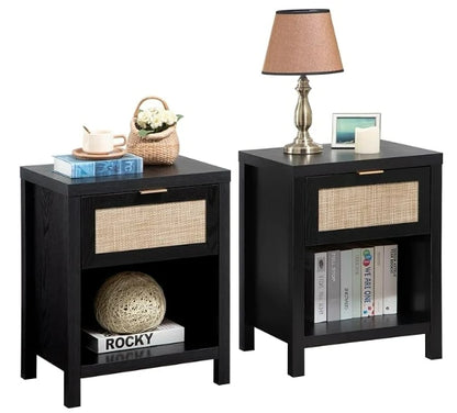 Set of 2 Farmhouse Night Stand with Drawer and Storage Shelf