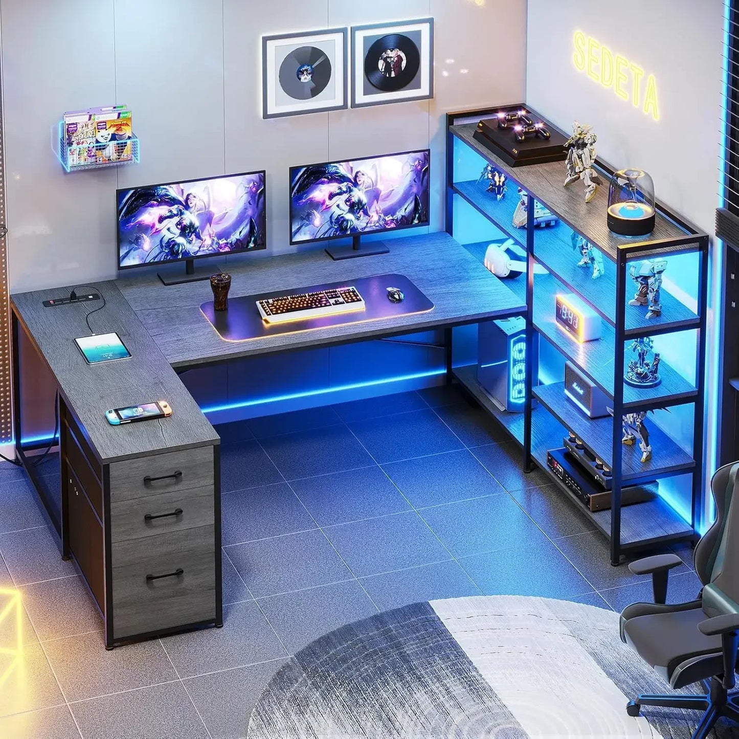 Reversible U-shaped Computer Desk with Power Socket and Storage Shelf