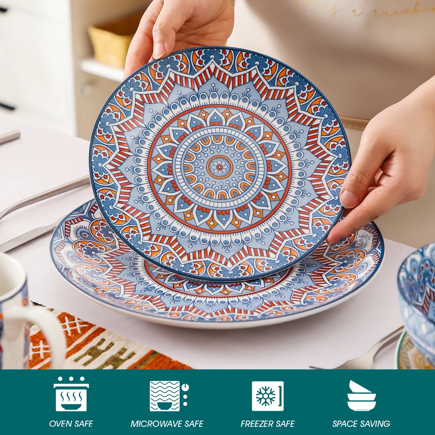 Vancasso 48-PCS Ceremic Plate Porcelain Dinnerware Set Bohemian Mandala.