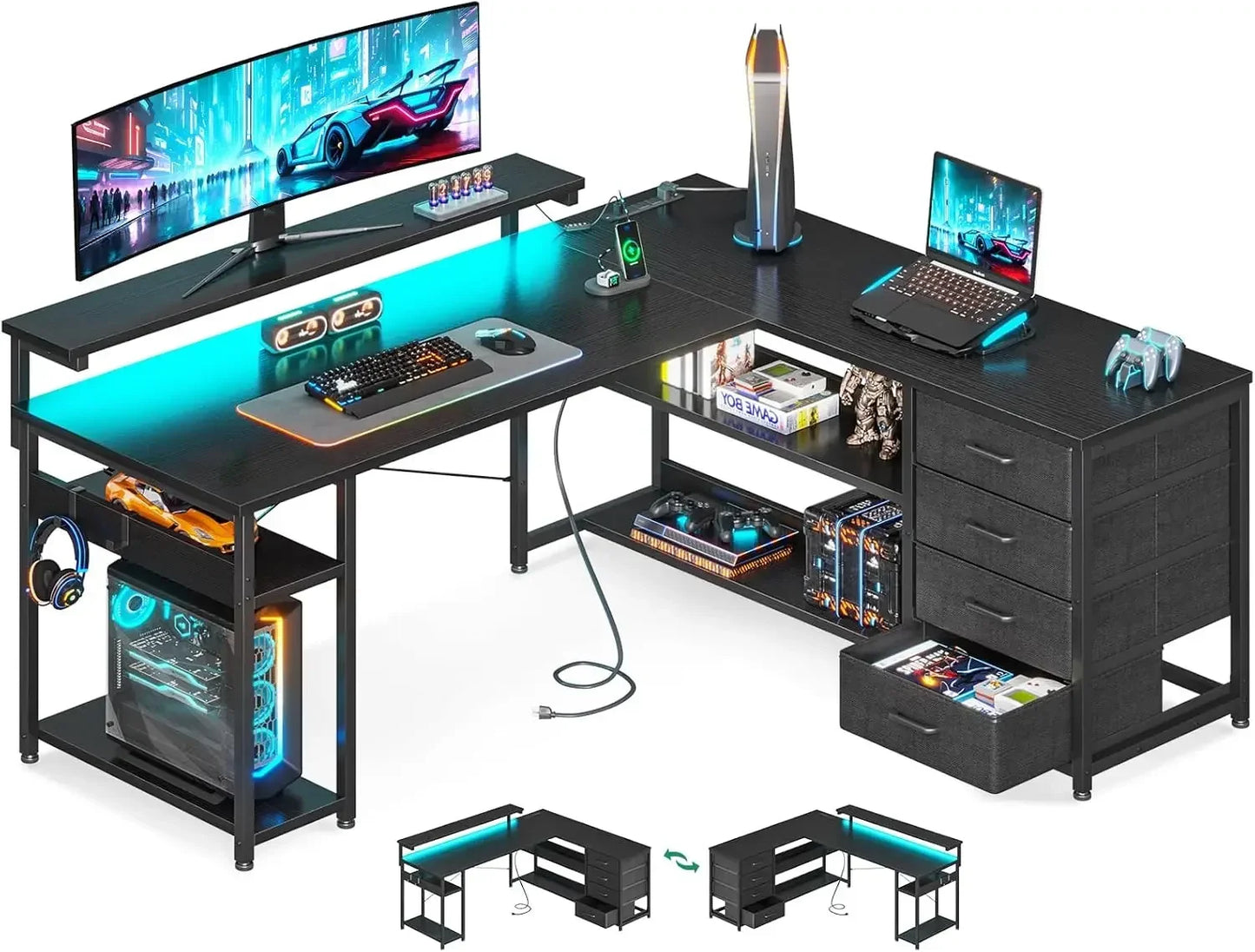 Corner Computer Desk with Power Socket and LED Lights
