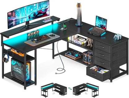 Corner Computer Desk with Power Socket and LED Lights