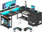 Corner Computer Desk with Power Socket and LED Lights