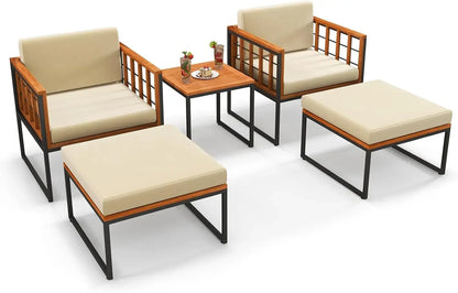 5 Pieces Acacia Wood Patio Furniture Set with Ottomans