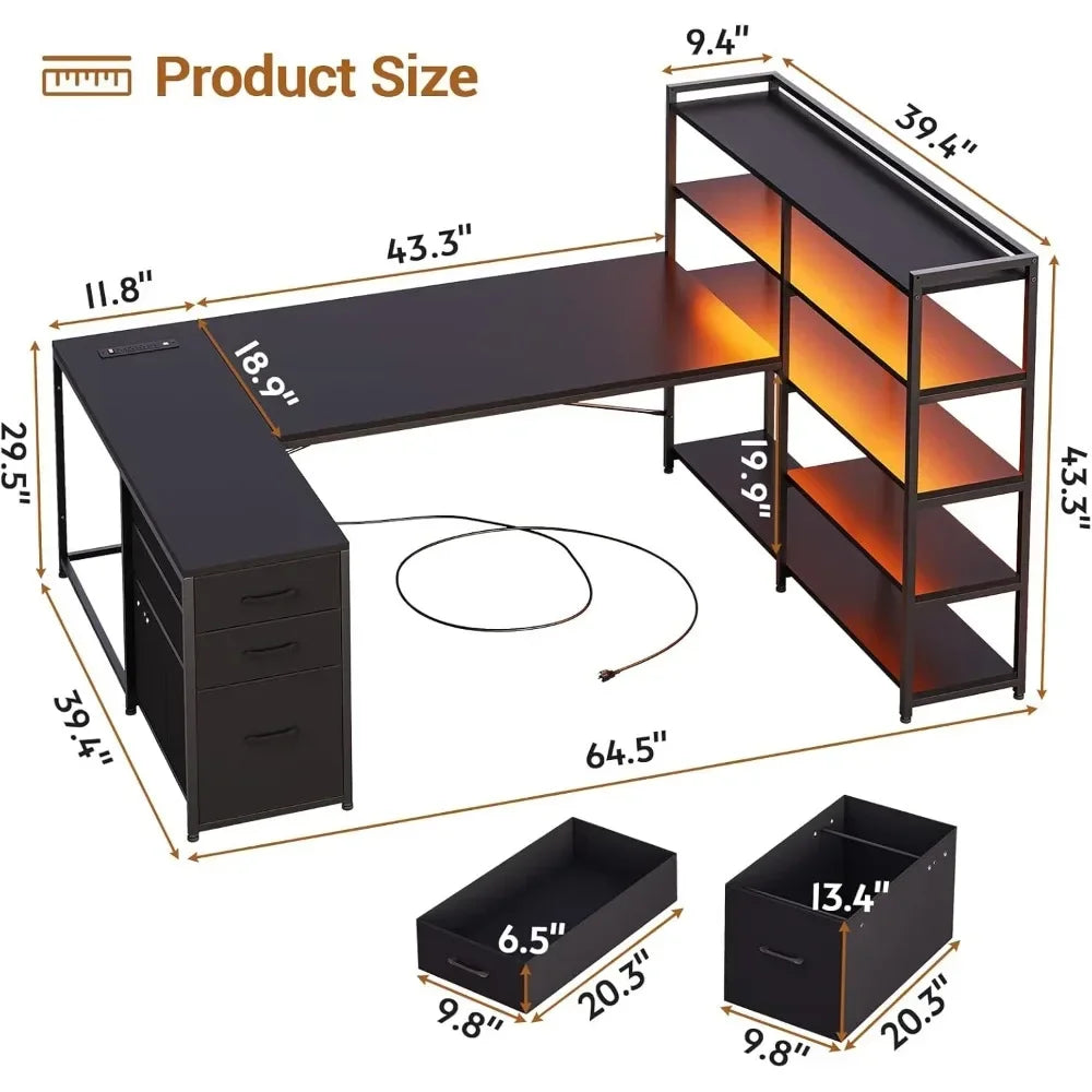 Reversible U-shaped Computer Desk with Power Socket and Storage Shelf