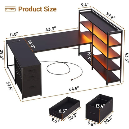 Reversible U-shaped Computer Desk with Power Socket and Storage Shelf