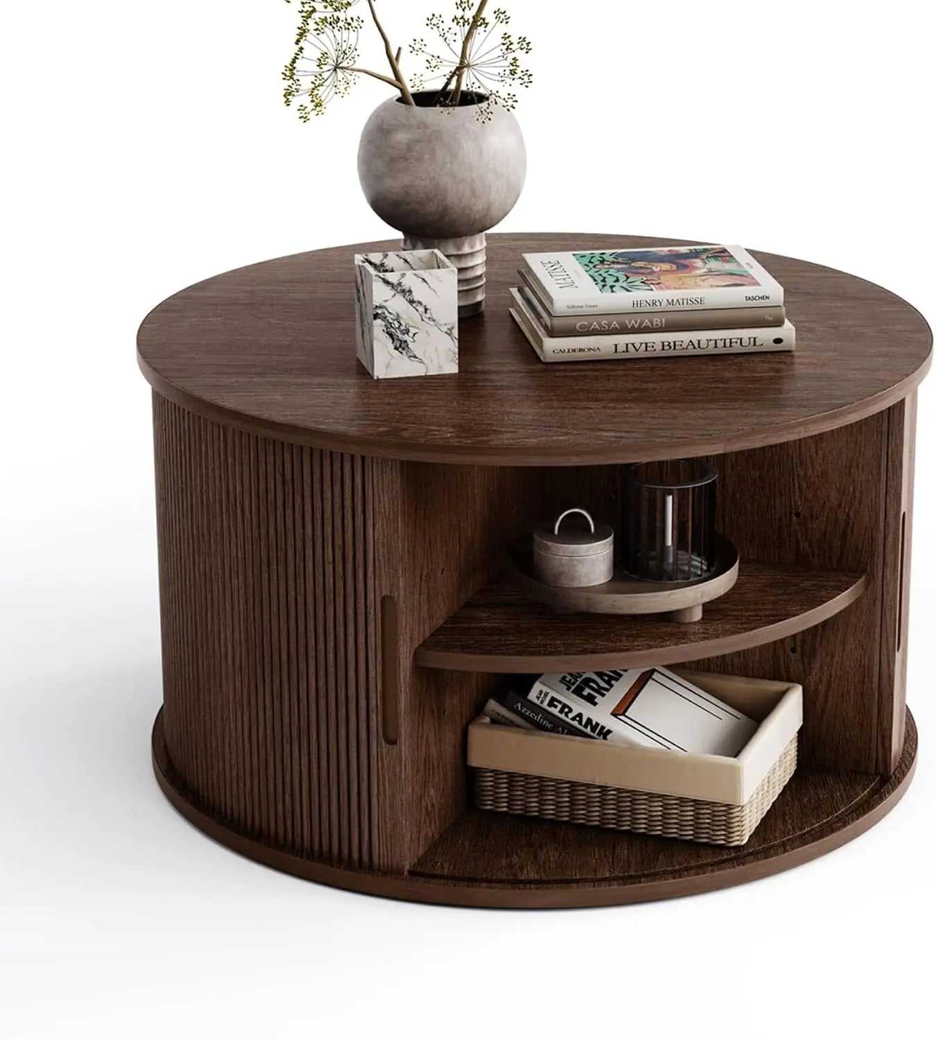 Drum Coffee Table with Sliding Tambour Door
