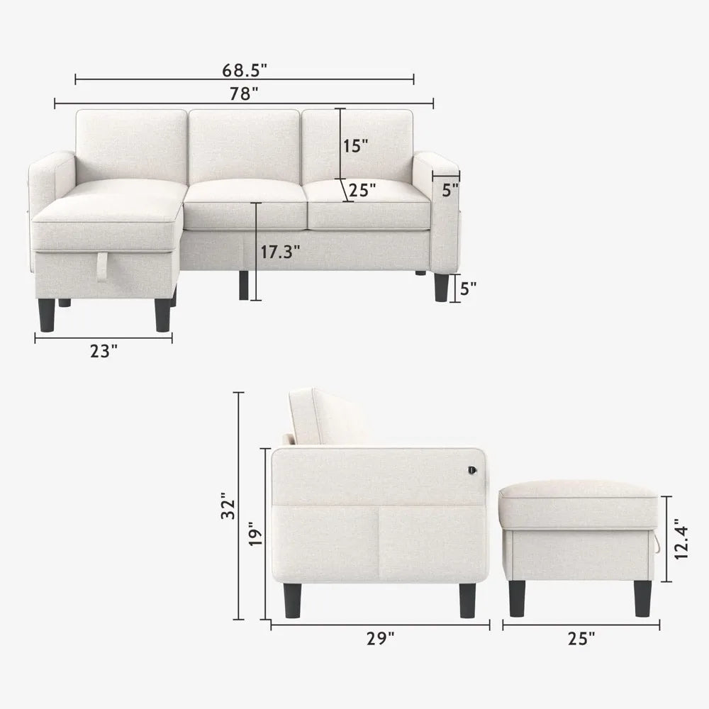 Convertible 3 Seater L Shaped Couch with Storage Ottoman
