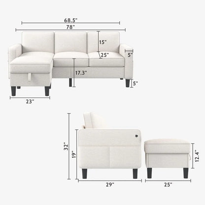 Convertible 3 Seater L Shaped Couch with Storage Ottoman