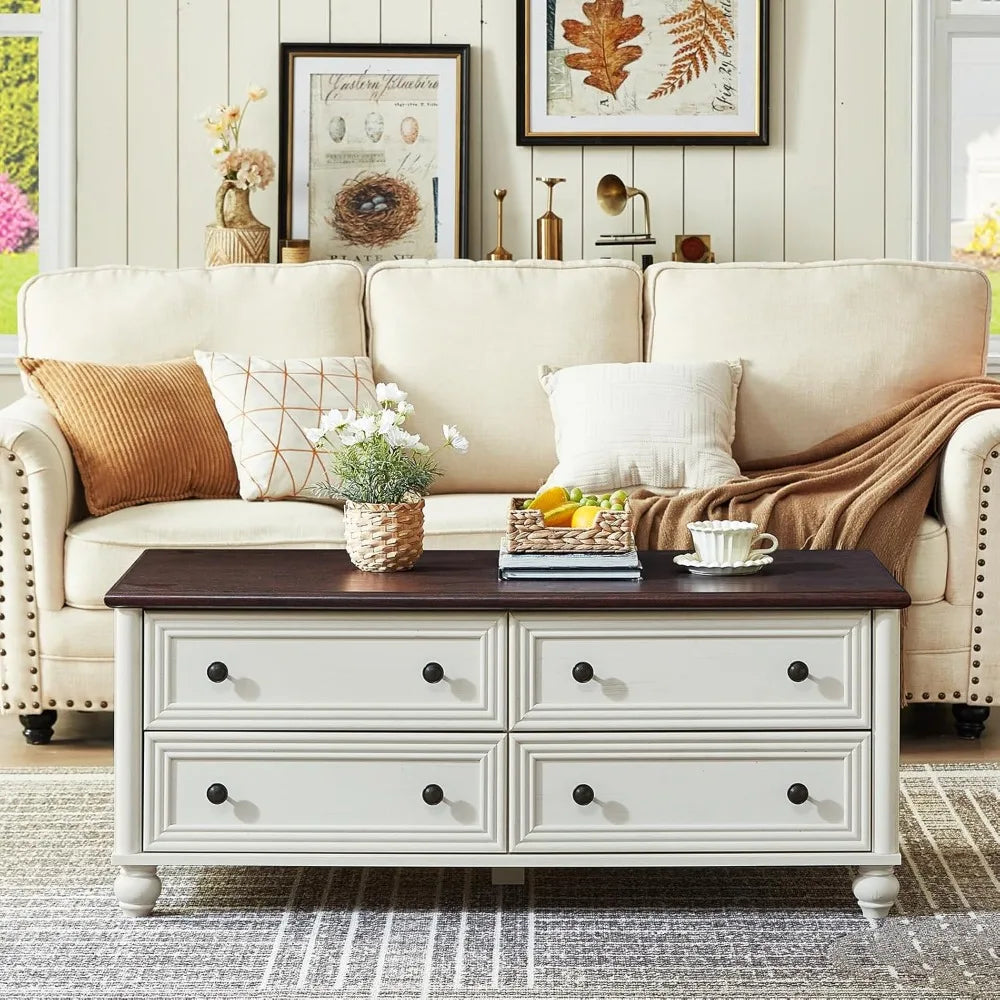 Wooden Coffee Tables With 4 Drawers & Roman Column Handle
