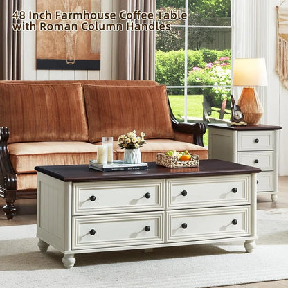Wooden Coffee Tables With 4 Drawers & Roman Column Handle