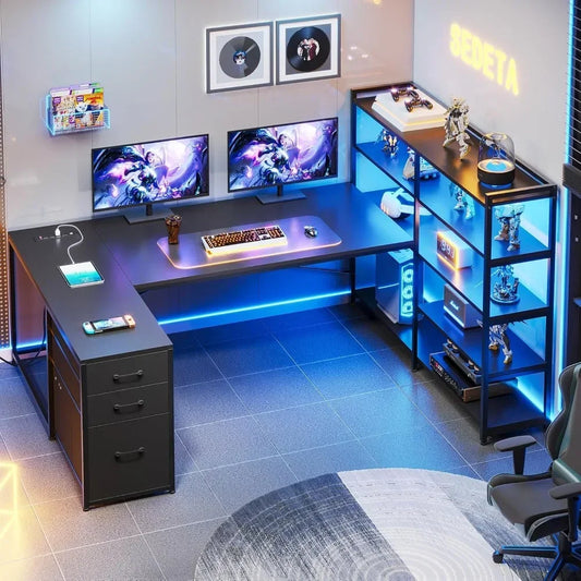 Reversible U-shaped Computer Desk with Power Socket and Storage Shelf