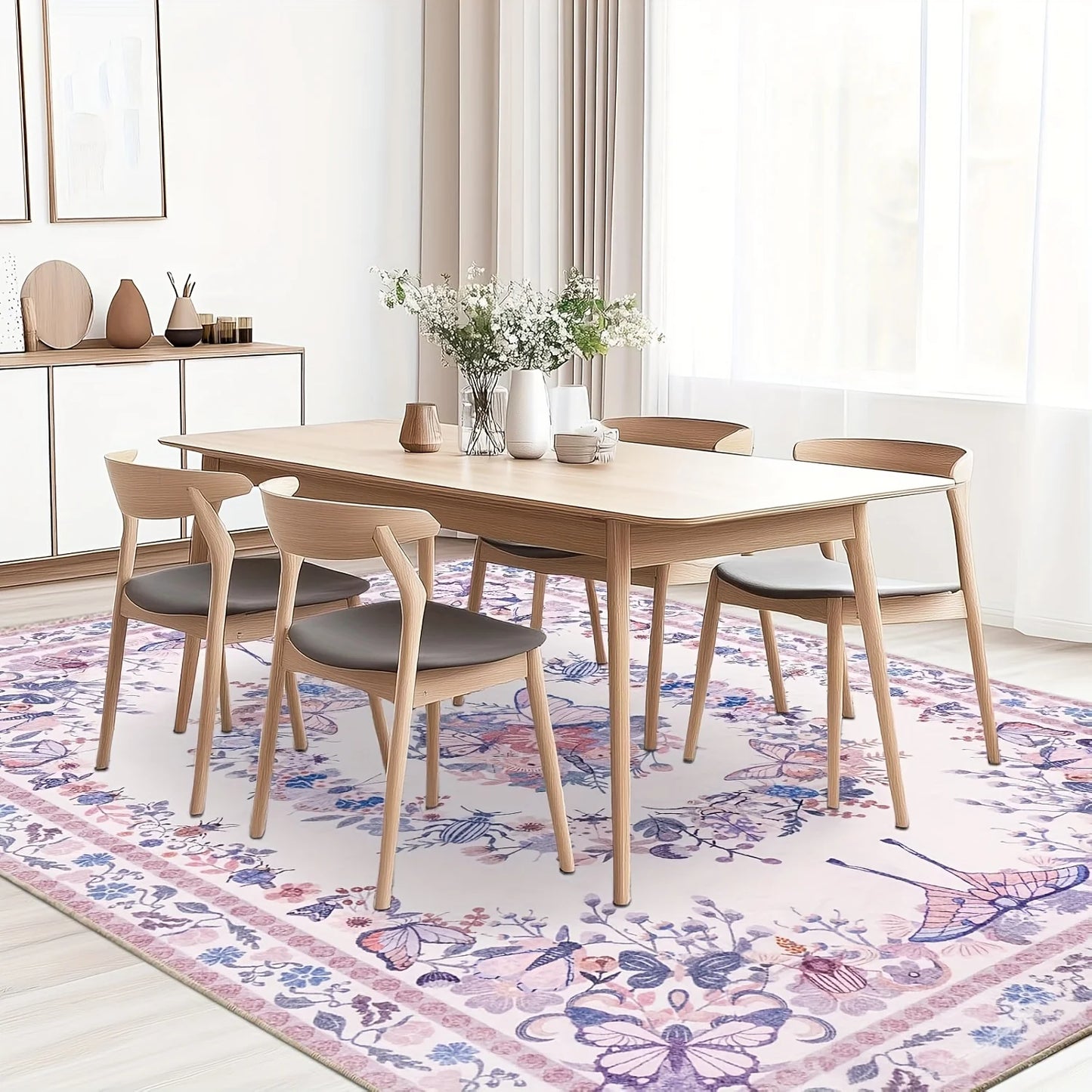 Gnizama Pink Butterfly Living Room Large Area Rug, Washable Vintage Floral Living Room Rug, Bedroom Large Area Rug