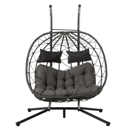 2 Persons Egg Chair with Stand Indoor Outdoor Swing Chair Patio Wicker Hanging Egg Chair Hanging Basket Chair with Stand for Bed