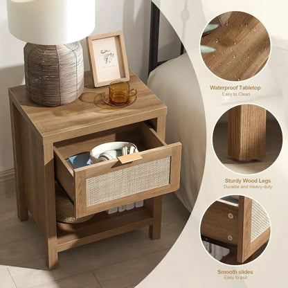 Set of 2 Farmhouse Night Stand with Drawer and Storage Shelf