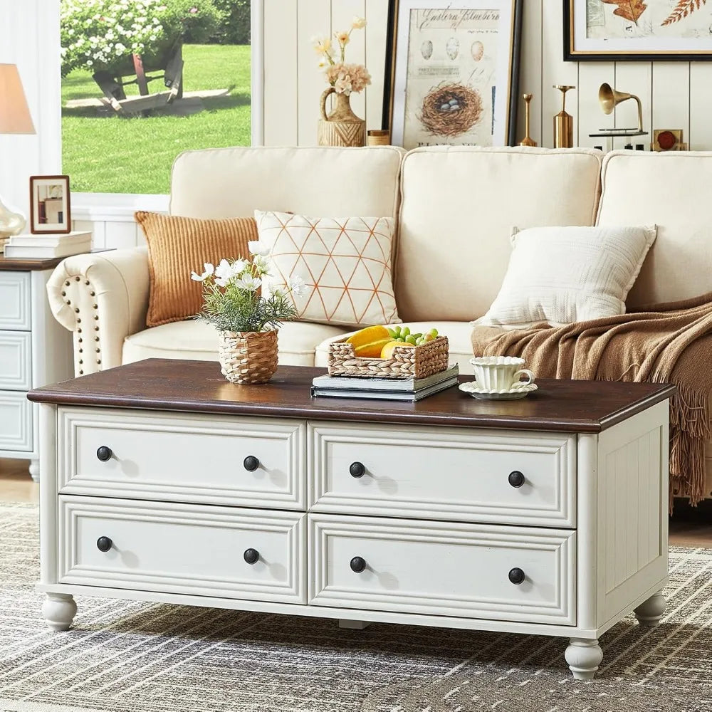 Wooden Coffee Tables With 4 Drawers & Roman Column Handle