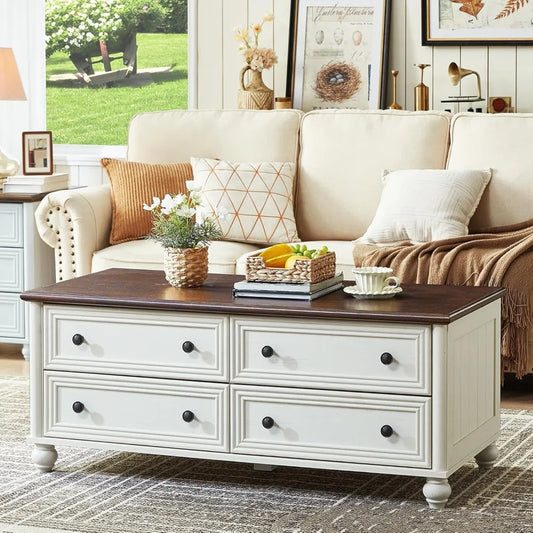 Wooden Coffee Tables With 4 Drawers & Roman Column Handle